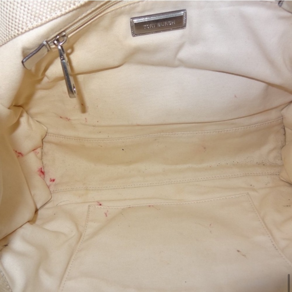 Tory Burch Small Ella Natural Canvas Silver Leather Trim Tote Bag Purse - Picture 4 of 8